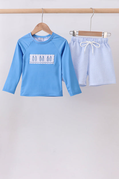 Blue crab embroidery stripe shorts boy swimsuit