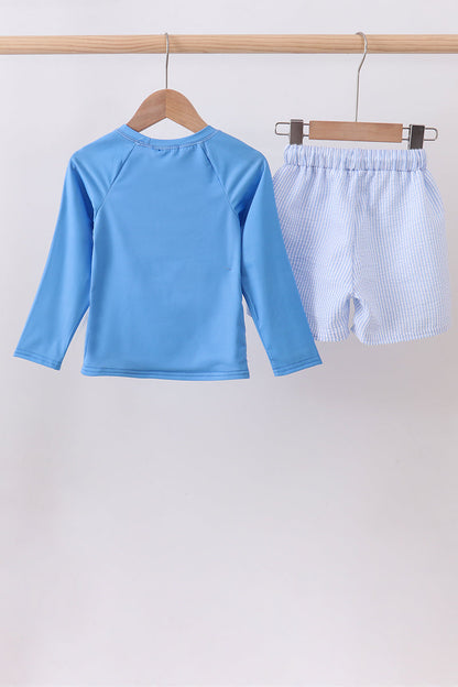 Blue crab embroidery stripe shorts boy swimsuit