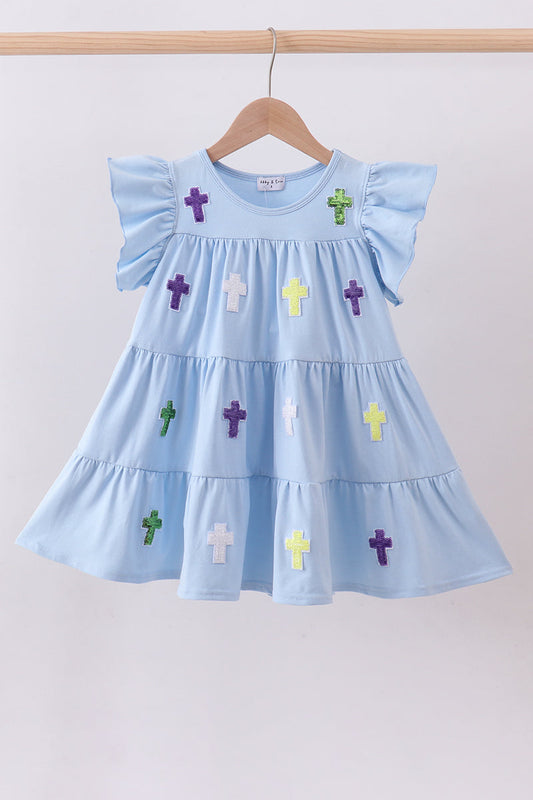 Blue cross sequin girl's tiered dress