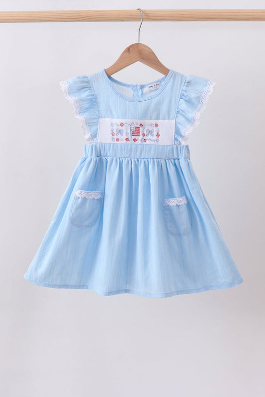 Blue flag smocked jacquard ruffle dress