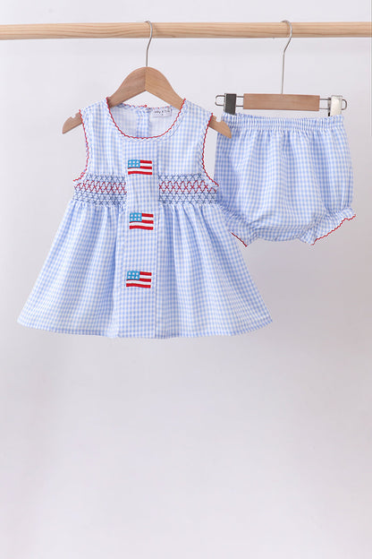 Blue flag smocked woven gingham girl bloomer set