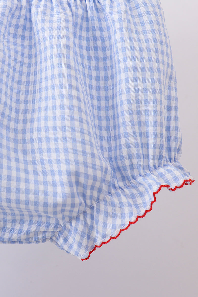 Blue flag smocked woven gingham girl bloomer set