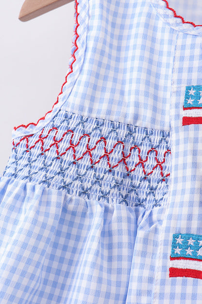 Blue flag smocked woven gingham girl bloomer set