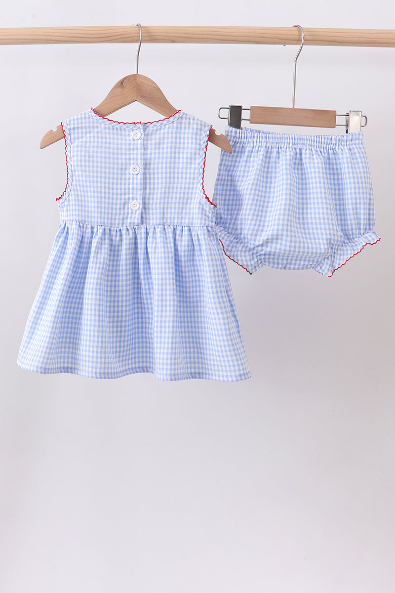 Blue flag smocked woven gingham girl bloomer set