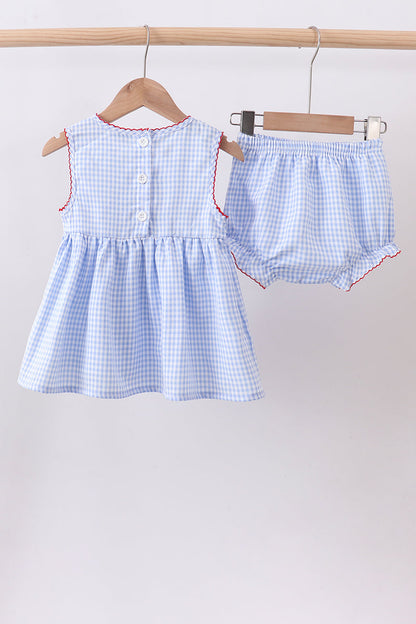 Blue flag smocked woven gingham girl bloomer set
