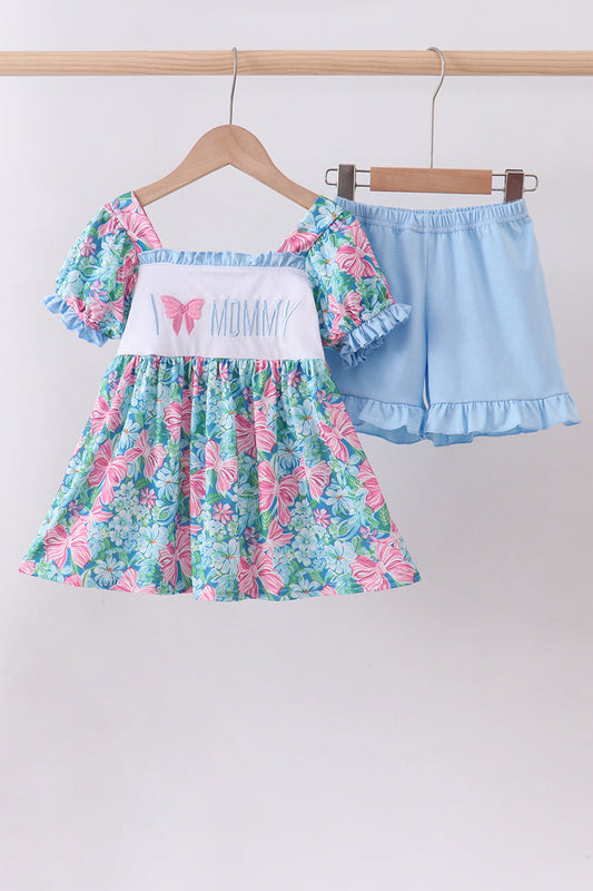 Blue floral “I Love Mommy” embroidery girl ruffle shorts set