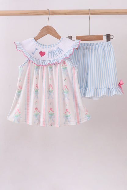 Blue floral I love MAMA smocked girl’s ruffle shorts set