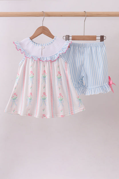Blue floral I love MAMA smocked girl’s ruffle shorts set