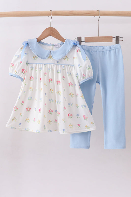 Blue floral bow pants set