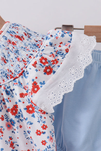 Blue floral lace smocked bloomer set