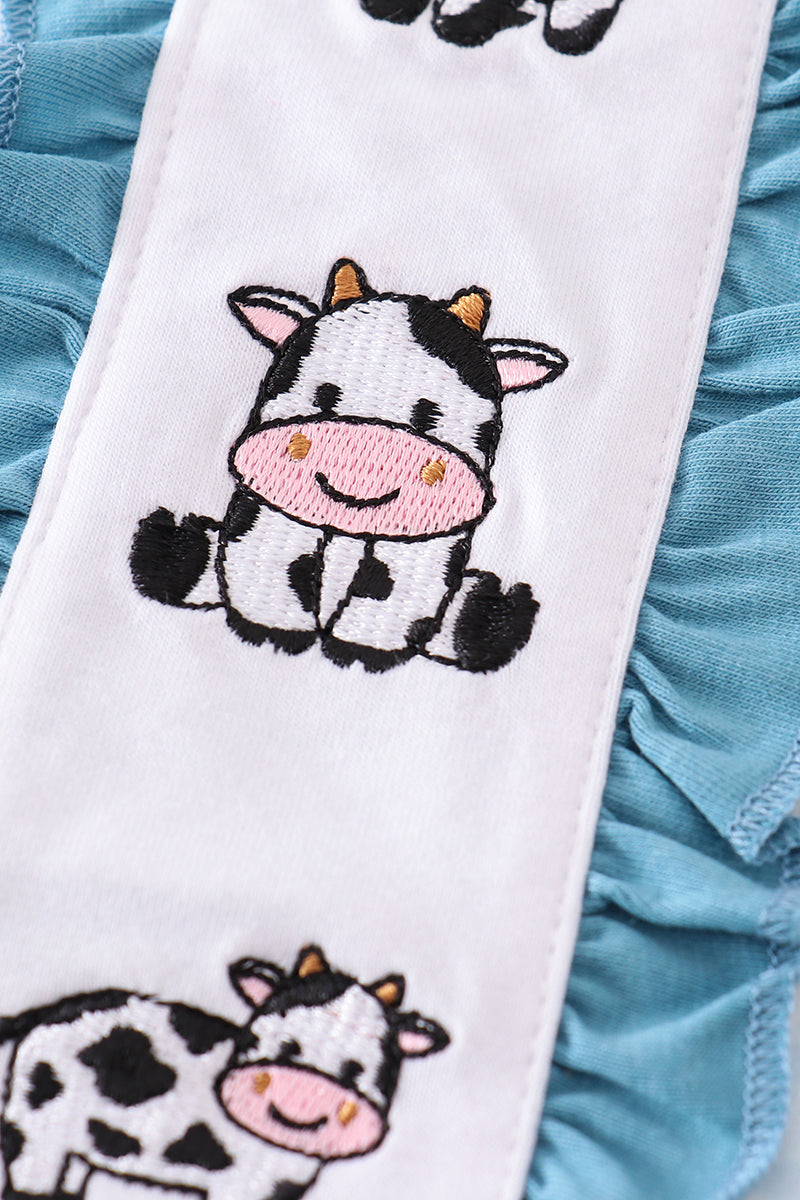 Blue gingham cow embroidery girl pajamas set - Ella Jane Lifestyle Boutique