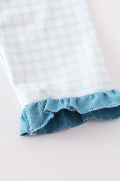 Blue gingham cow embroidery girl pajamas set - Ella Jane Lifestyle Boutique