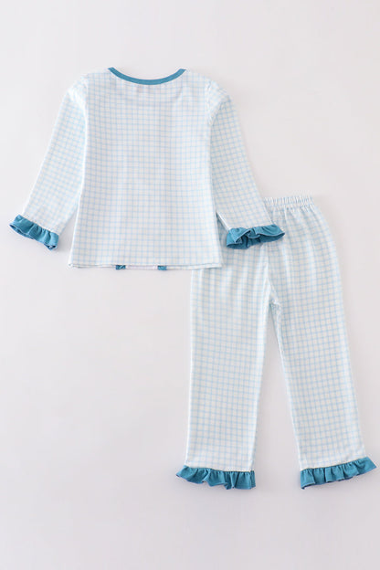 Blue gingham cow embroidery girl pajamas set - Ella Jane Lifestyle Boutique