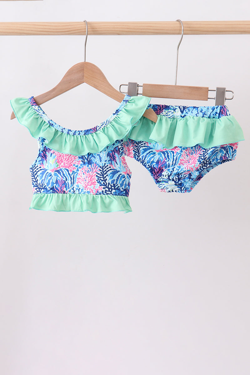 Blue marine creature girl ruffle 2pc swimsuit