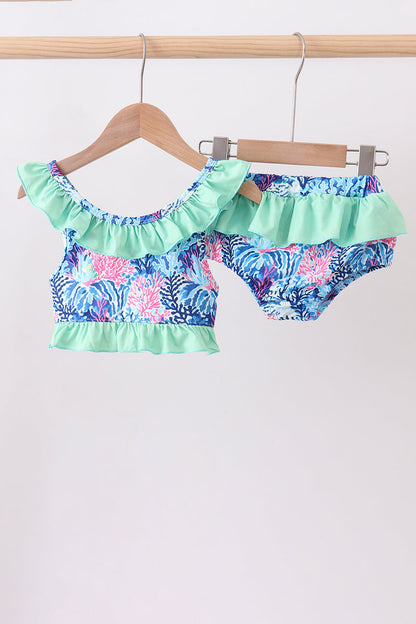 Blue marine creature girl ruffle 2pc swimsuit