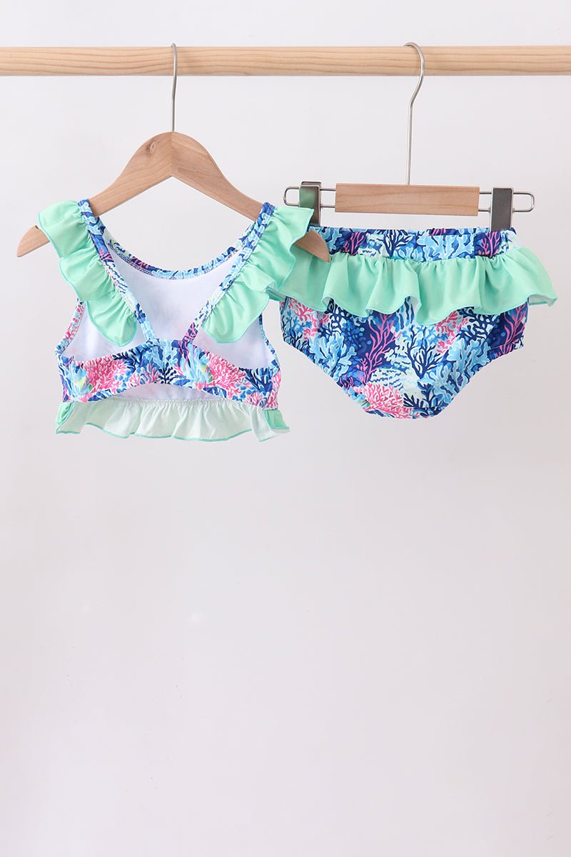 Blue marine creature girl ruffle 2pc swimsuit