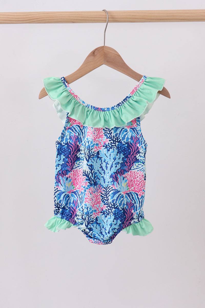 Blue marine creature print girl’s swimsuit