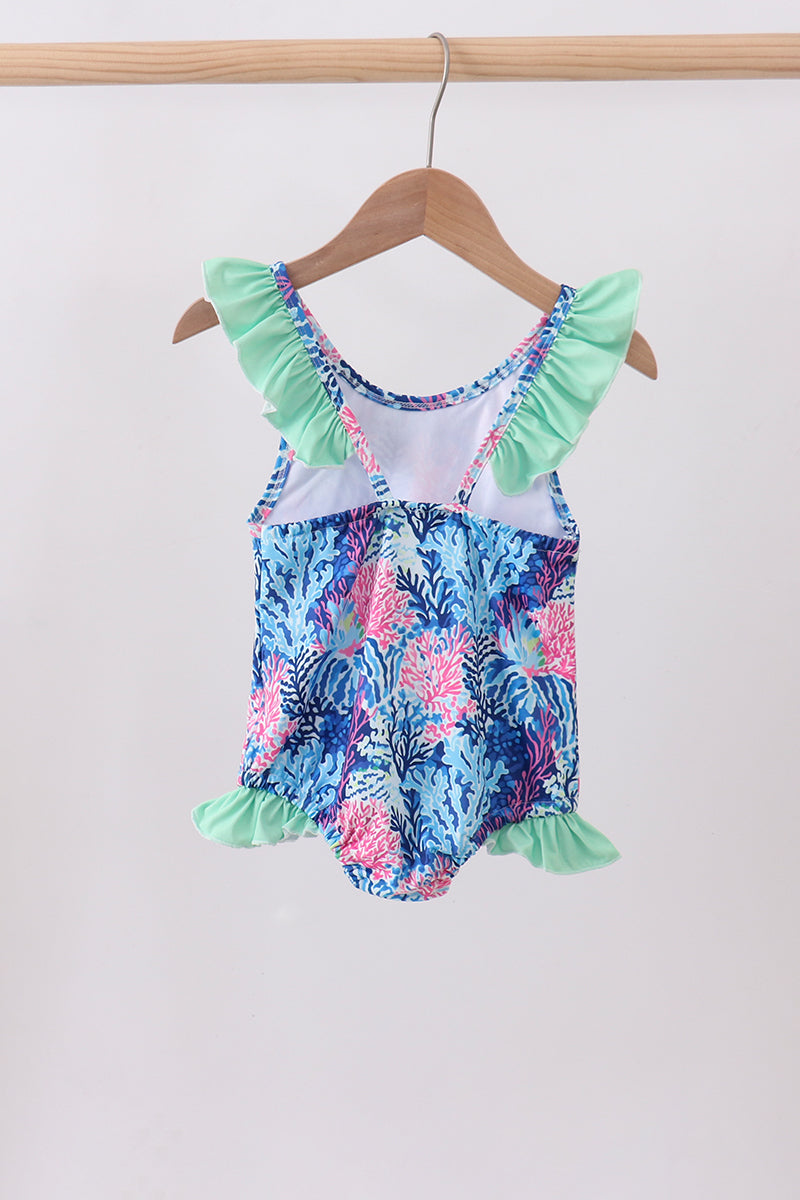 Blue marine creature print girl’s swimsuit