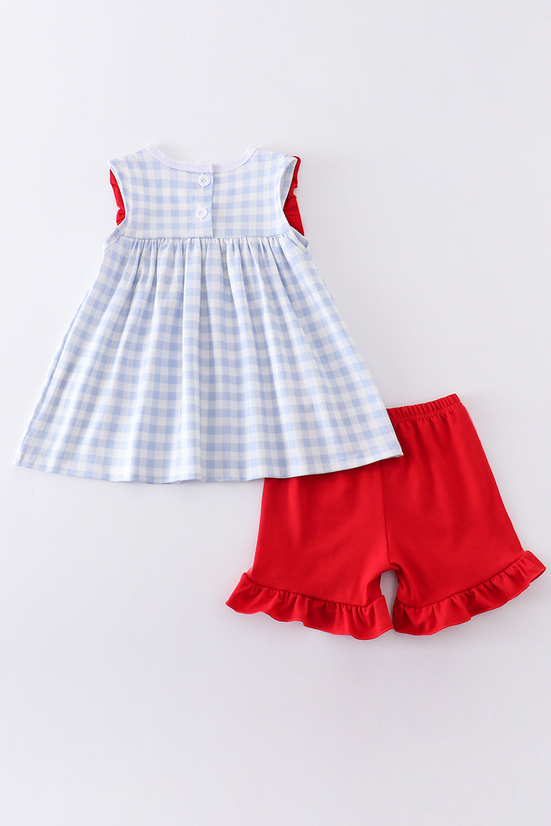 Blue plaid baseball embroidery girl set