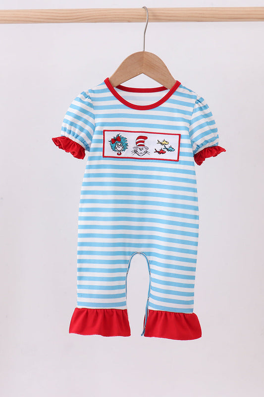 Blue stripe book character baby girl ruffle romper