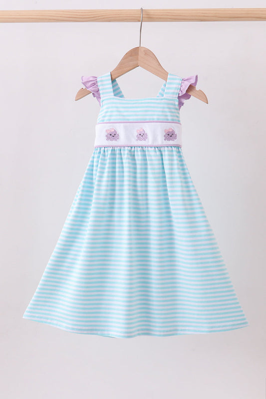 Blue stripe octopus girl embroidery ruffle dress