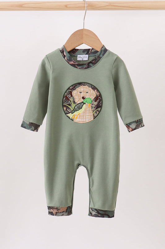 Camouflage dog hunting applique romper