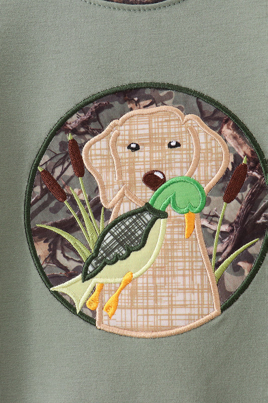 Camouflage dog hunting applique romper
