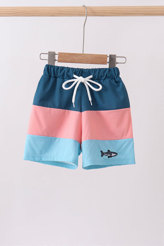 Colorblock Fish Embroidery Boys Swim Trunks