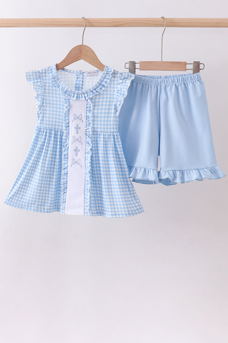 Easter cross embroidery ruffle gingham shorts set
