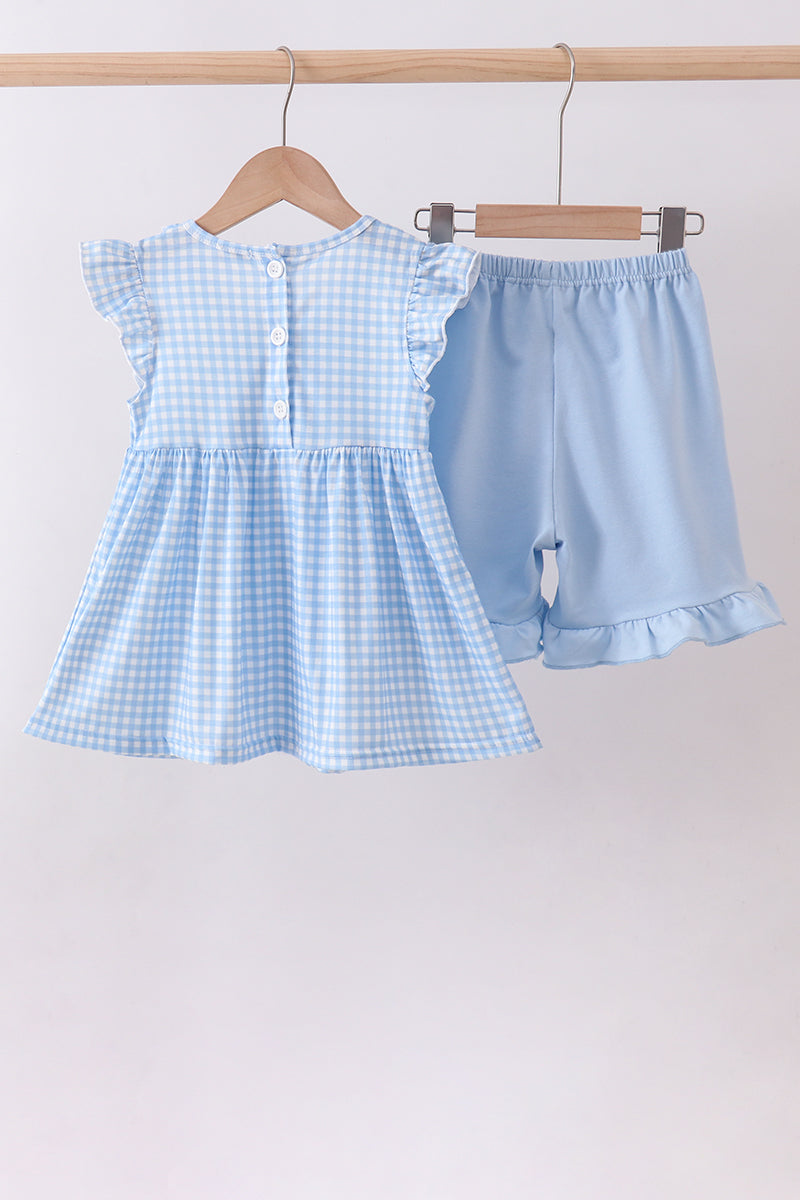 Easter cross embroidery ruffle gingham shorts set