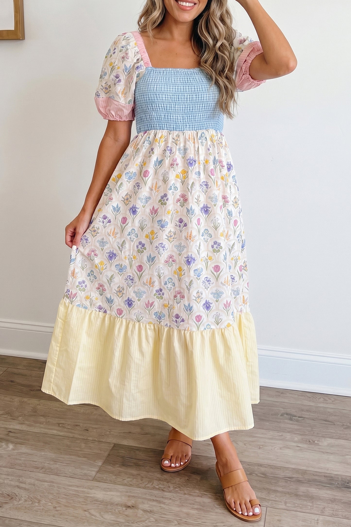 Floral Color Block Patchwork Smocked Maxi Dress