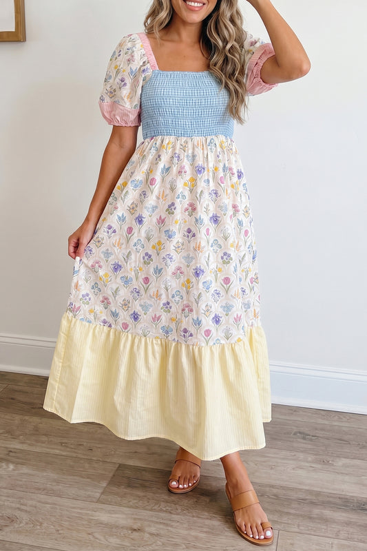 Floral Color Block Patchwork Smocked Maxi Dress