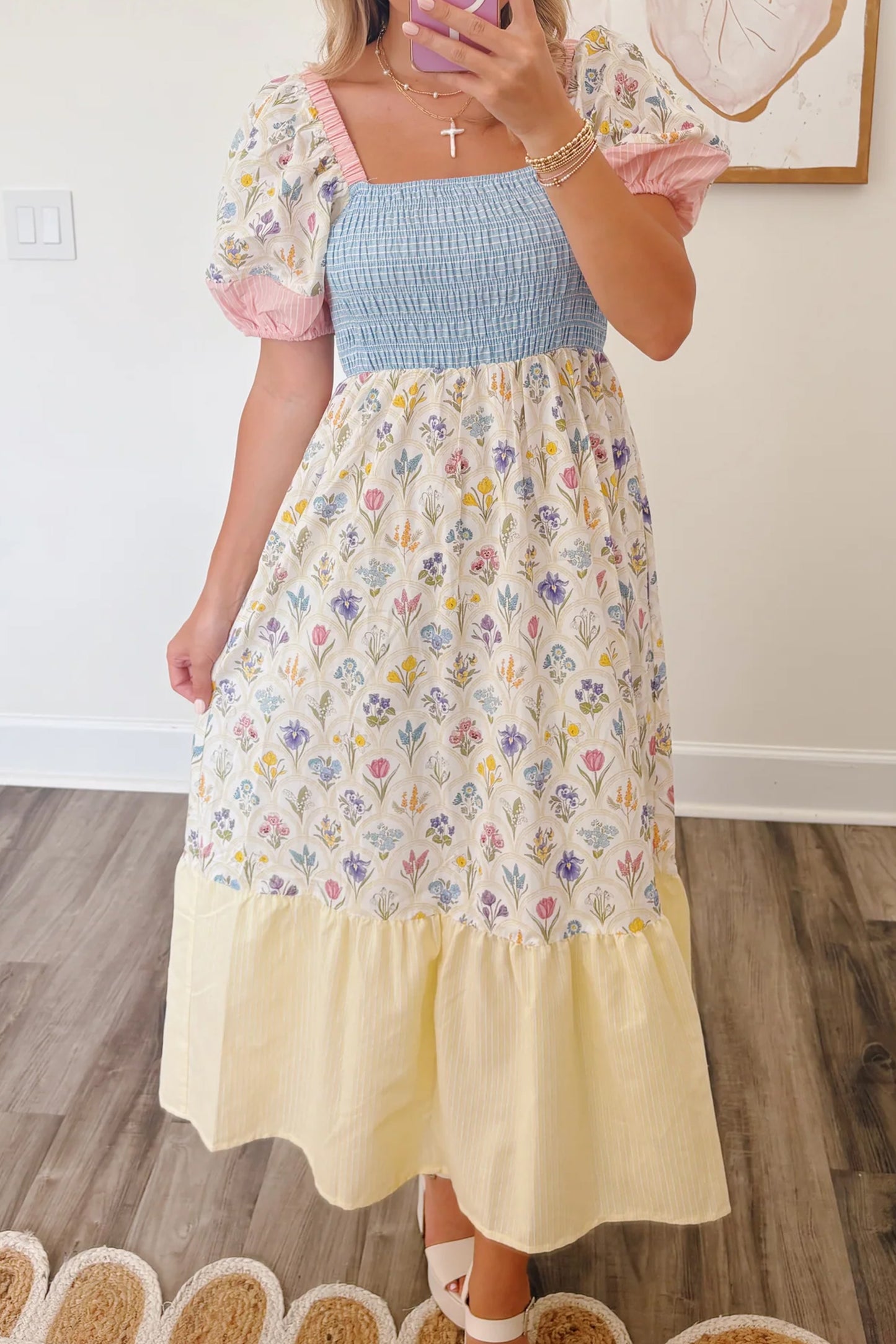 Floral Color Block Patchwork Smocked Maxi Dress