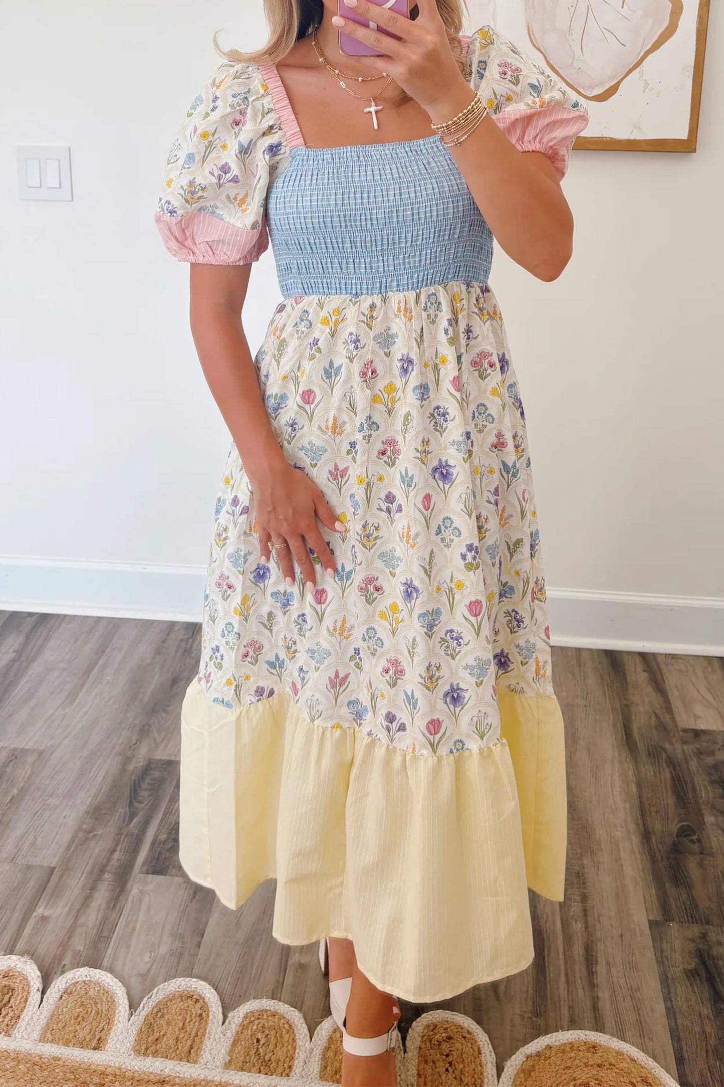 Floral Color Block Patchwork Smocked Maxi Dress
