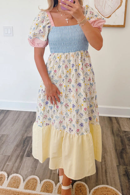 Floral Color Block Patchwork Smocked Maxi Dress