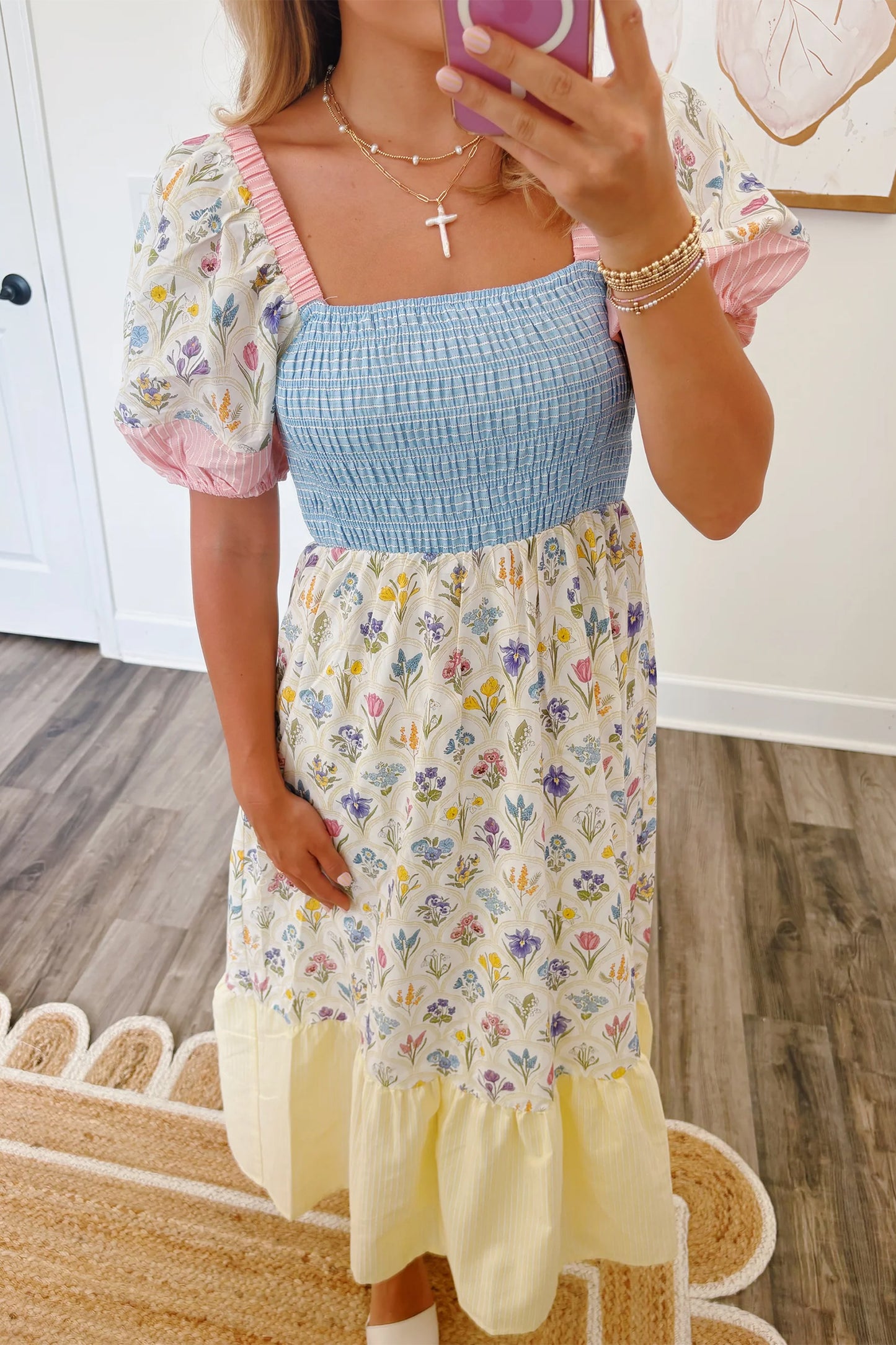 Floral Color Block Patchwork Smocked Maxi Dress