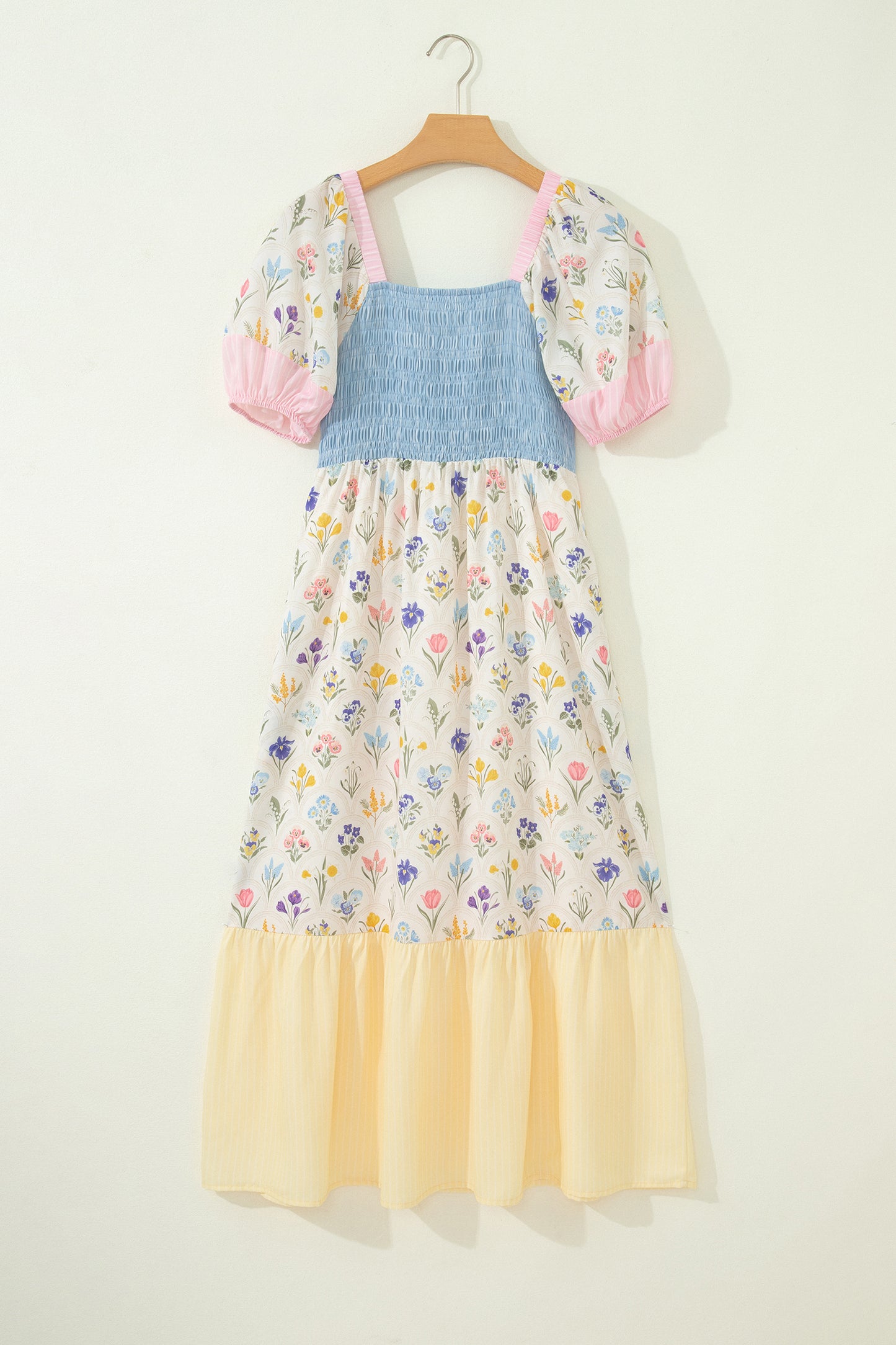 Floral Color Block Patchwork Smocked Maxi Dress