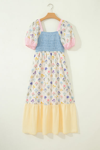 Floral Color Block Patchwork Smocked Maxi Dress