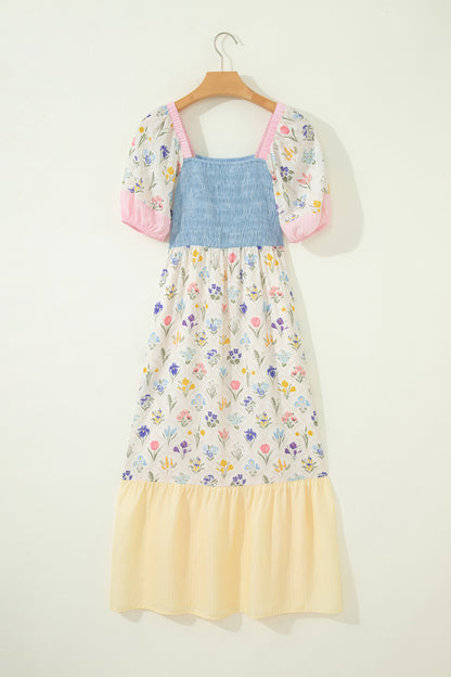 Floral Color Block Patchwork Smocked Maxi Dress