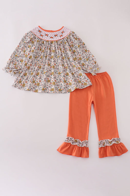 Floral Embroidery Smocked Ruffle Girls Pants Set