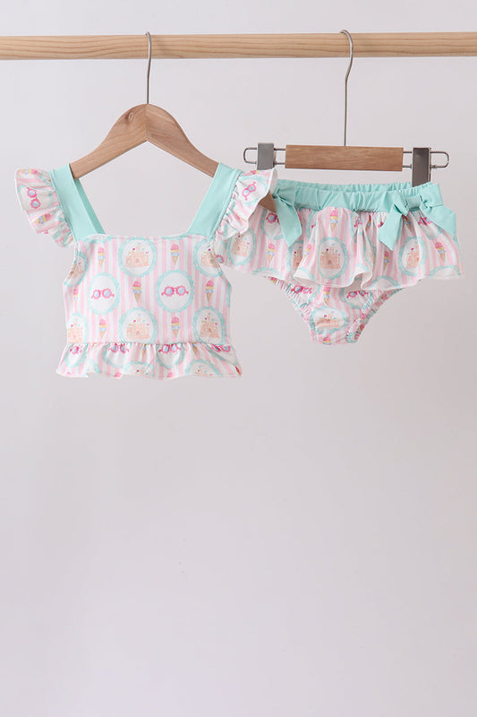 Green Castle Cream Ruffle 2-Piece Girls Swimsuit