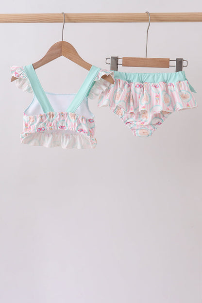 Green Castle Cream Ruffle 2-Piece Girls Swimsuit