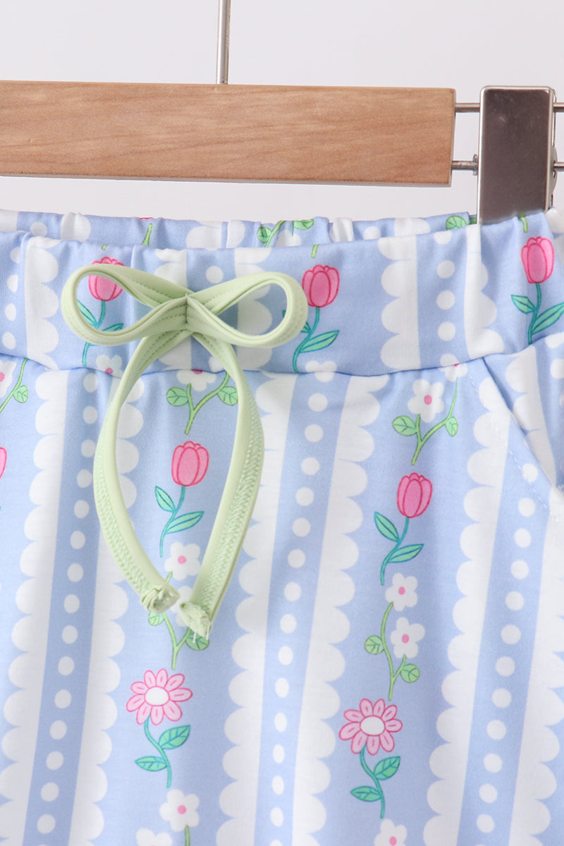 Green & Purple Floral Bow Crop Top & Skorts Set for Girls