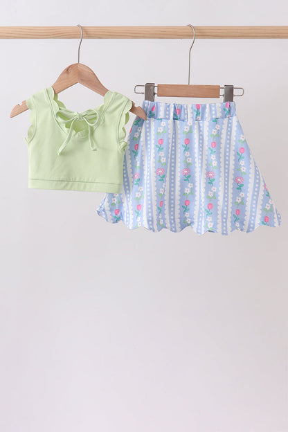 Green & Purple Floral Bow Crop Top & Skorts Set for Girls