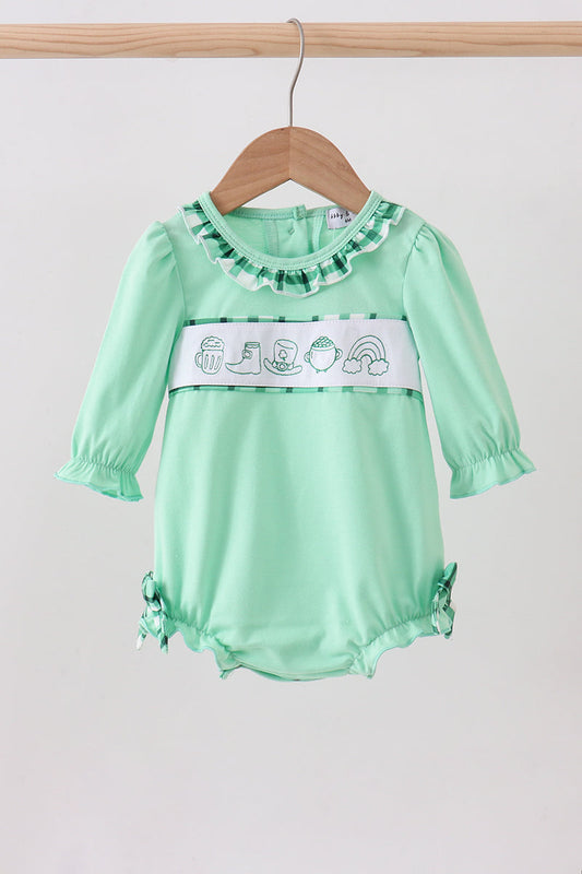 Green St. Patrick’s embroidery baby girl ruffle bubble