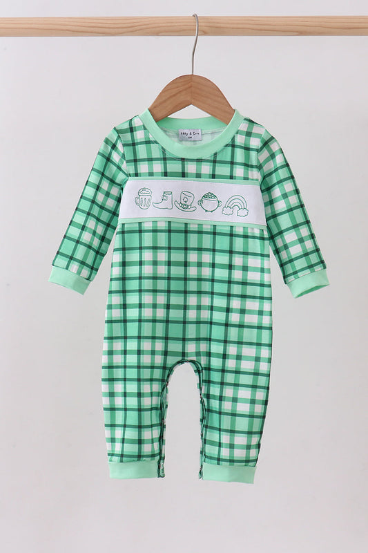 Green St. Patrick’s parade embroidery gingham romper