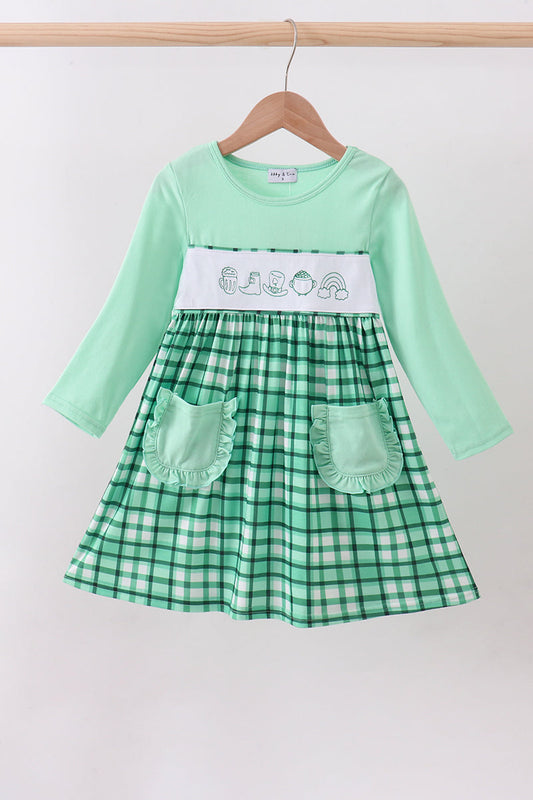 Green St. Patrick’s parade girl embroidery gingham dress