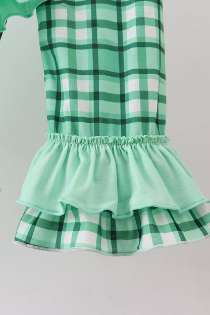 Green plaid parade embroidery ruffle girl pants set
