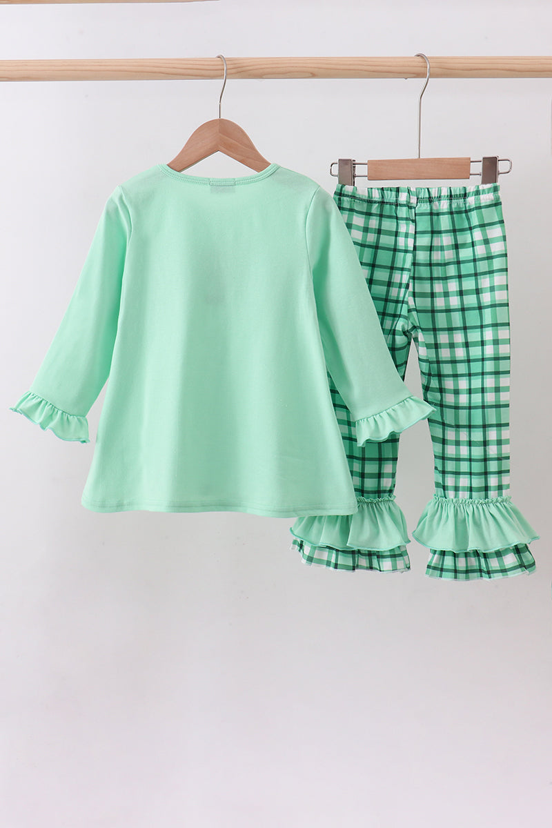 Green plaid parade embroidery ruffle girl pants set