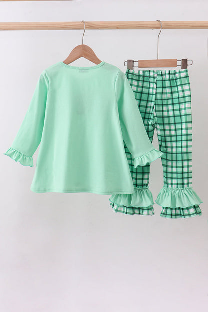 Green plaid parade embroidery ruffle girl pants set